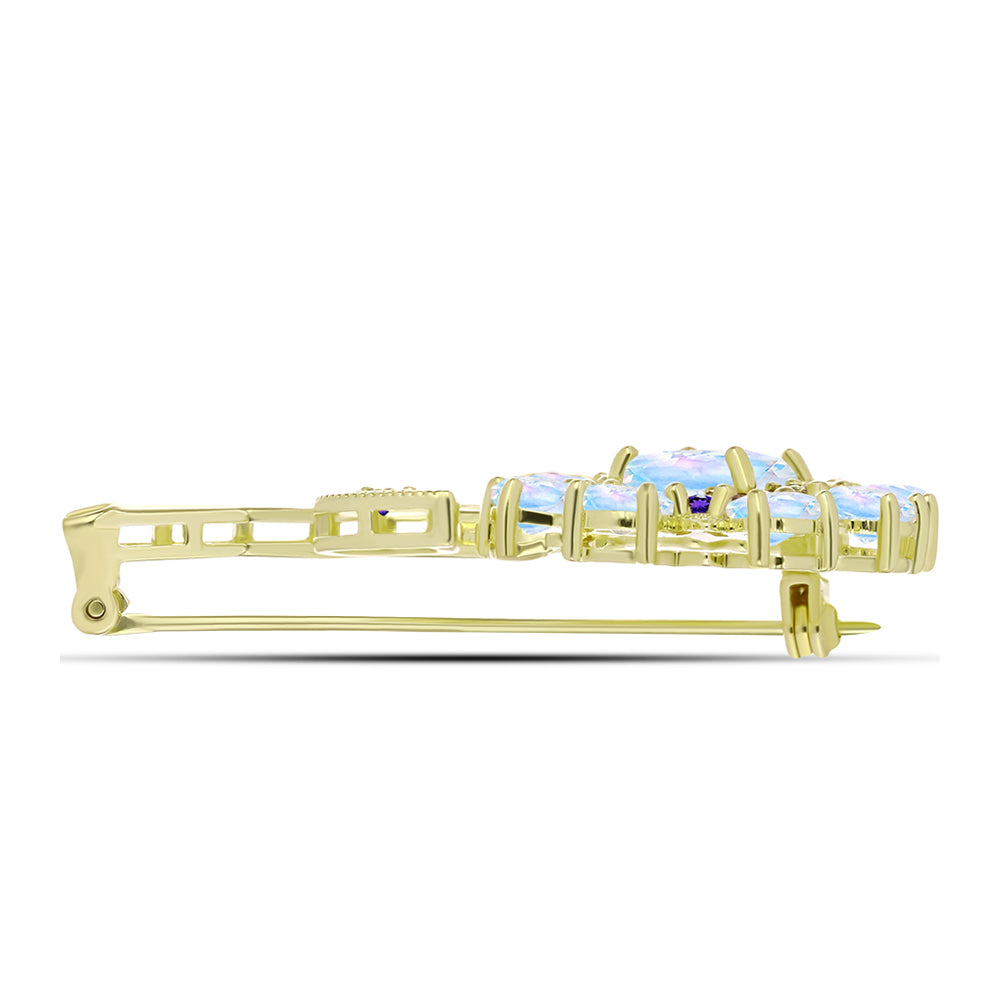 Goldplattierte Silberbrosche mit Regenbogenmondstein und marokkanischem Amethyst 2 