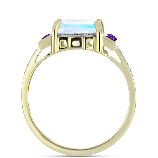Goldplattierter Silberring mit Regenbogenmondstein und marokkanischem Amethyst