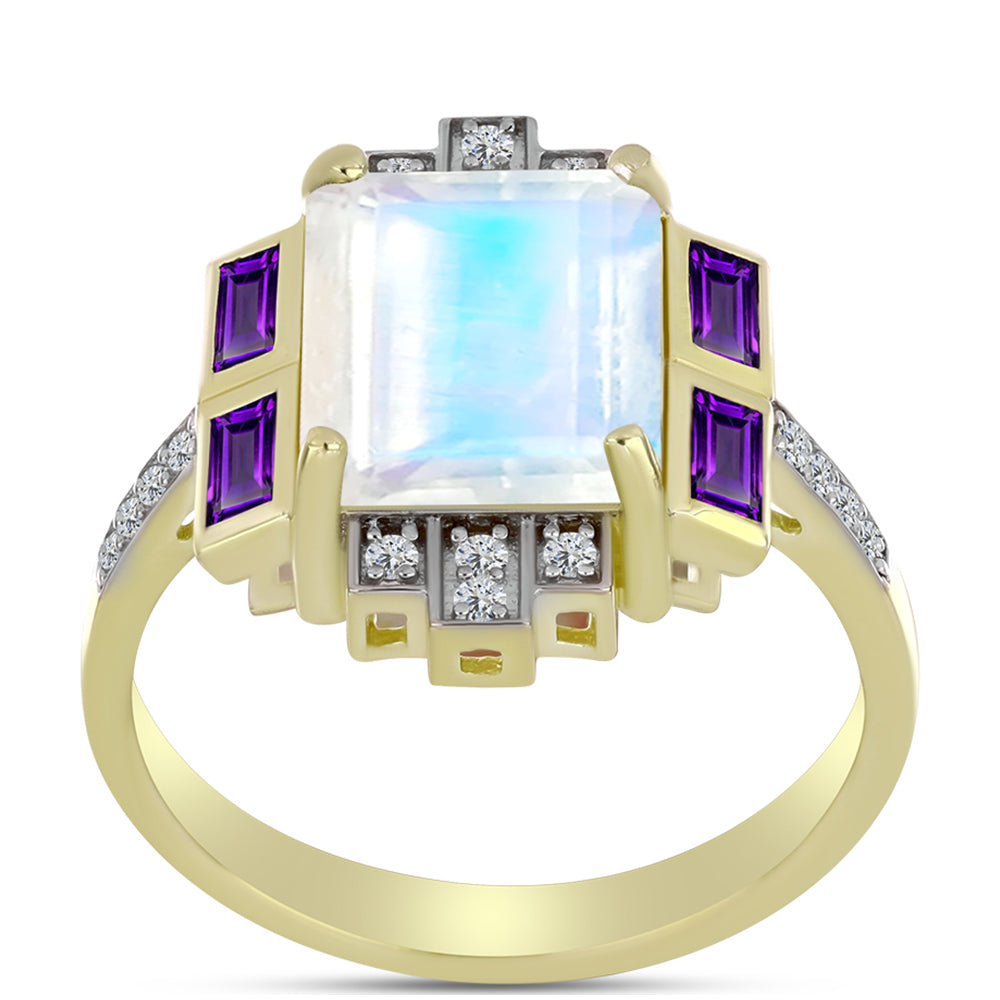 Goldplattierter Silberring mit Regenbogenmondstein und marokkanischem Amethyst 3 