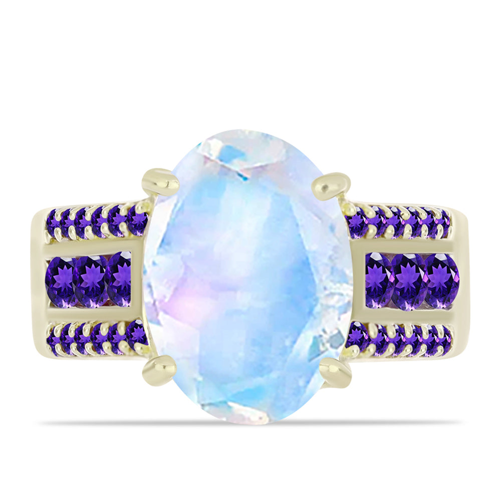 Goldplattierter Silberring mit Regenbogenmondstein und marokkanischem Amethyst 1 