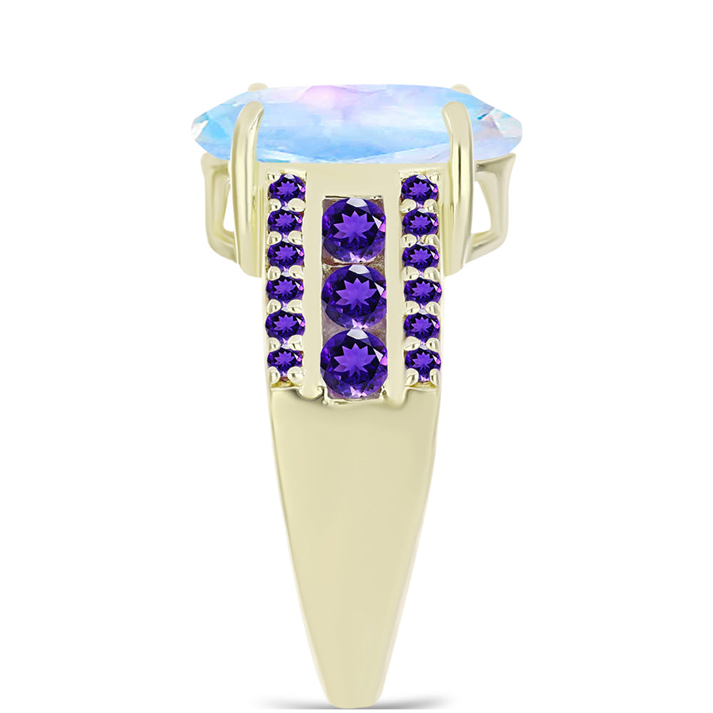 Goldplattierter Silberring mit Regenbogenmondstein und marokkanischem Amethyst