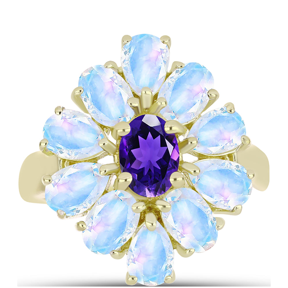 Goldplattierter Silberring mit Regenbogenmondstein und marokkanischem Amethyst