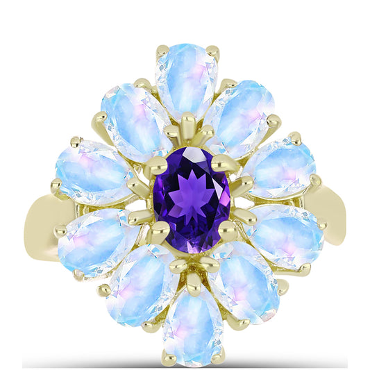 Goldplattierter Silberring mit Regenbogenmondstein und marokkanischem Amethyst
