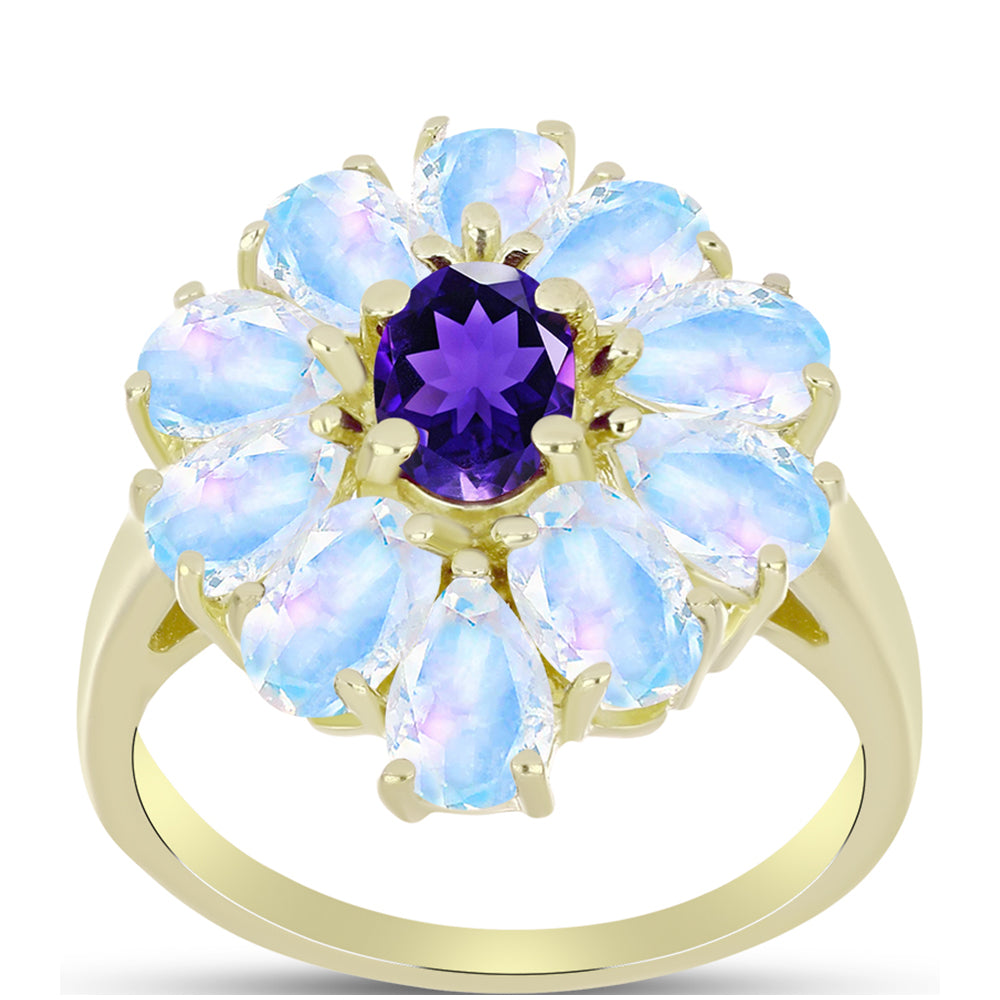Goldplattierter Silberring mit Regenbogenmondstein und marokkanischem Amethyst