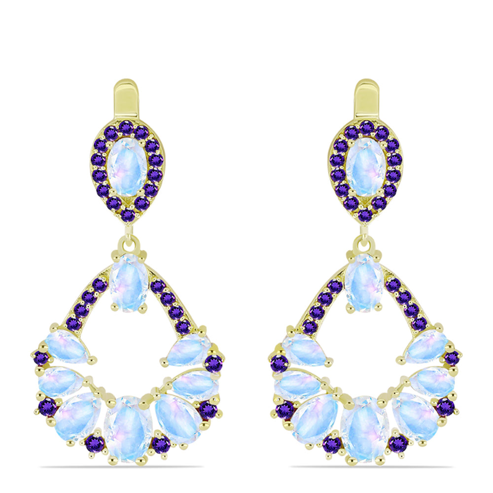 Goldplattierte Silberohrringe mit Regenbogenmondstein und marokkanischem Amethyst