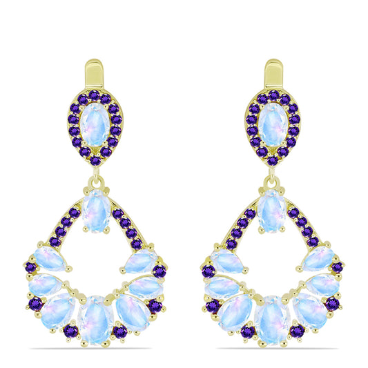 Goldplattierte Silberohrringe mit Regenbogenmondstein und marokkanischem Amethyst