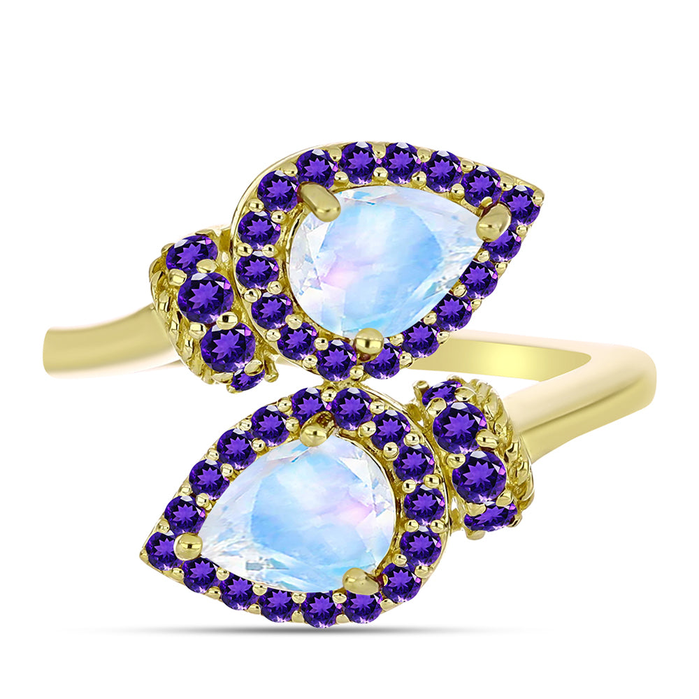 Goldplattierter Silberring mit Regenbogenmondstein und marokkanischem Amethyst 1 