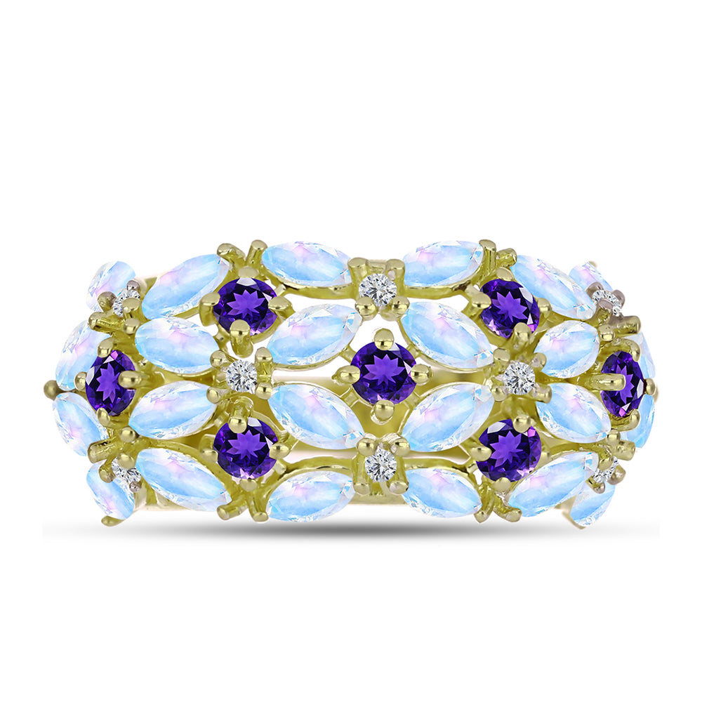 Goldplattierter Silberring mit Regenbogenmondstein und marokkanischem Amethyst