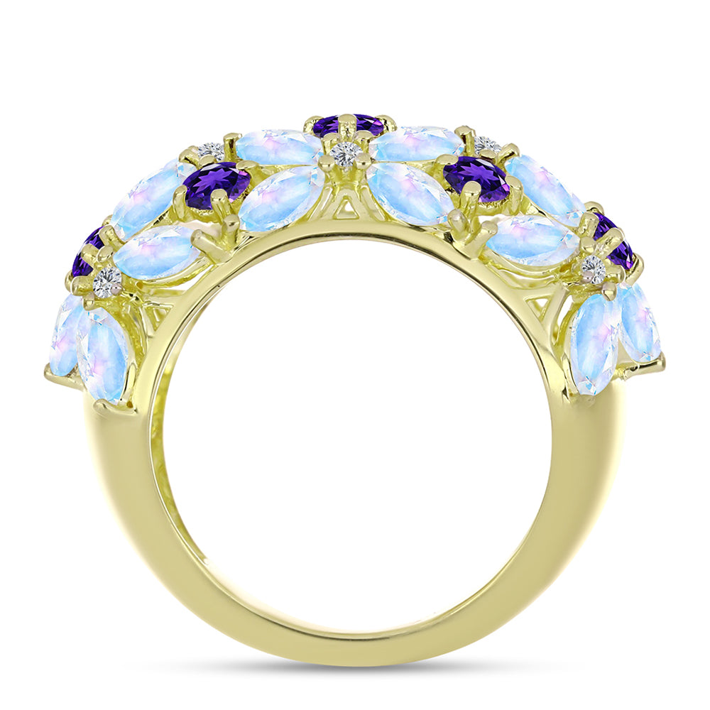 Goldplattierter Silberring mit Regenbogenmondstein und marokkanischem Amethyst