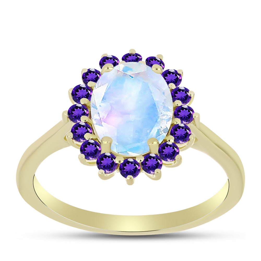 Goldplattierter Silberring mit Regenbogenmondstein und marokkanischem Amethyst