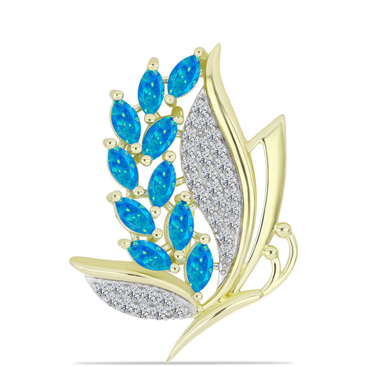 Goldplattierte Silberbrosche mit äthiopischem Paraiba-Blauopal und weißem Topas