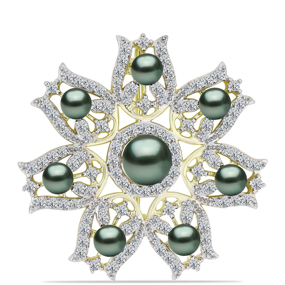 Goldplattierte Silberbrosche mit Tahitigrüne-Illusion Süßwasserperle und weißem Topas 1 