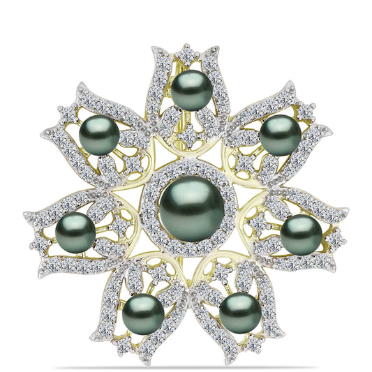 Goldplattierte Silberbrosche mit Tahitigrüne-Illusion Süßwasserperle und weißem Topas