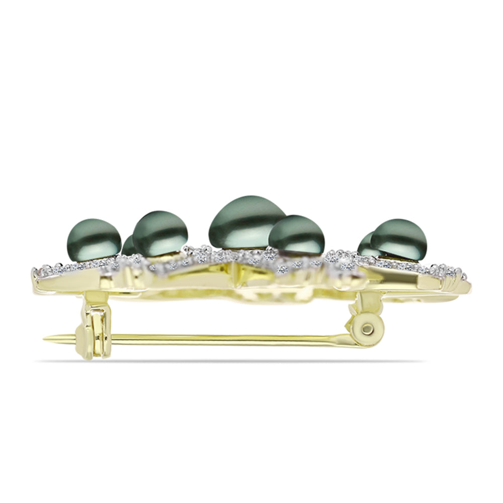 Goldplattierte Silberbrosche mit Tahitigrüne-Illusion Süßwasserperle und weißem Topas 2 