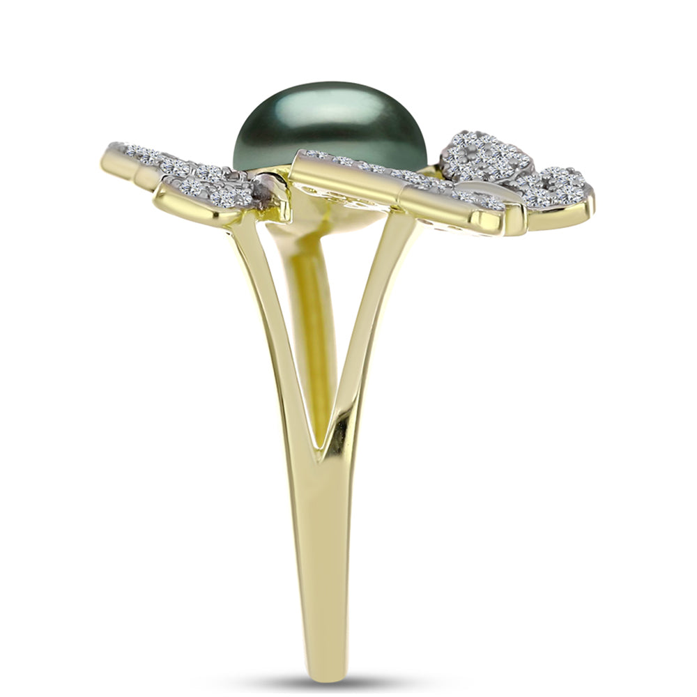 Goldplattierter Silberring mit Tahitigrüne-Illusion Süßwasserperle und weißem Topas