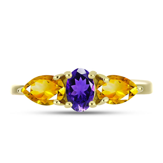 Goldplattierter Silberring mit marokkanischem Amethyst und Zitrin aus dem Ural