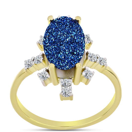 Goldplattierter Silberring mit blauer Druse und weißem Topas