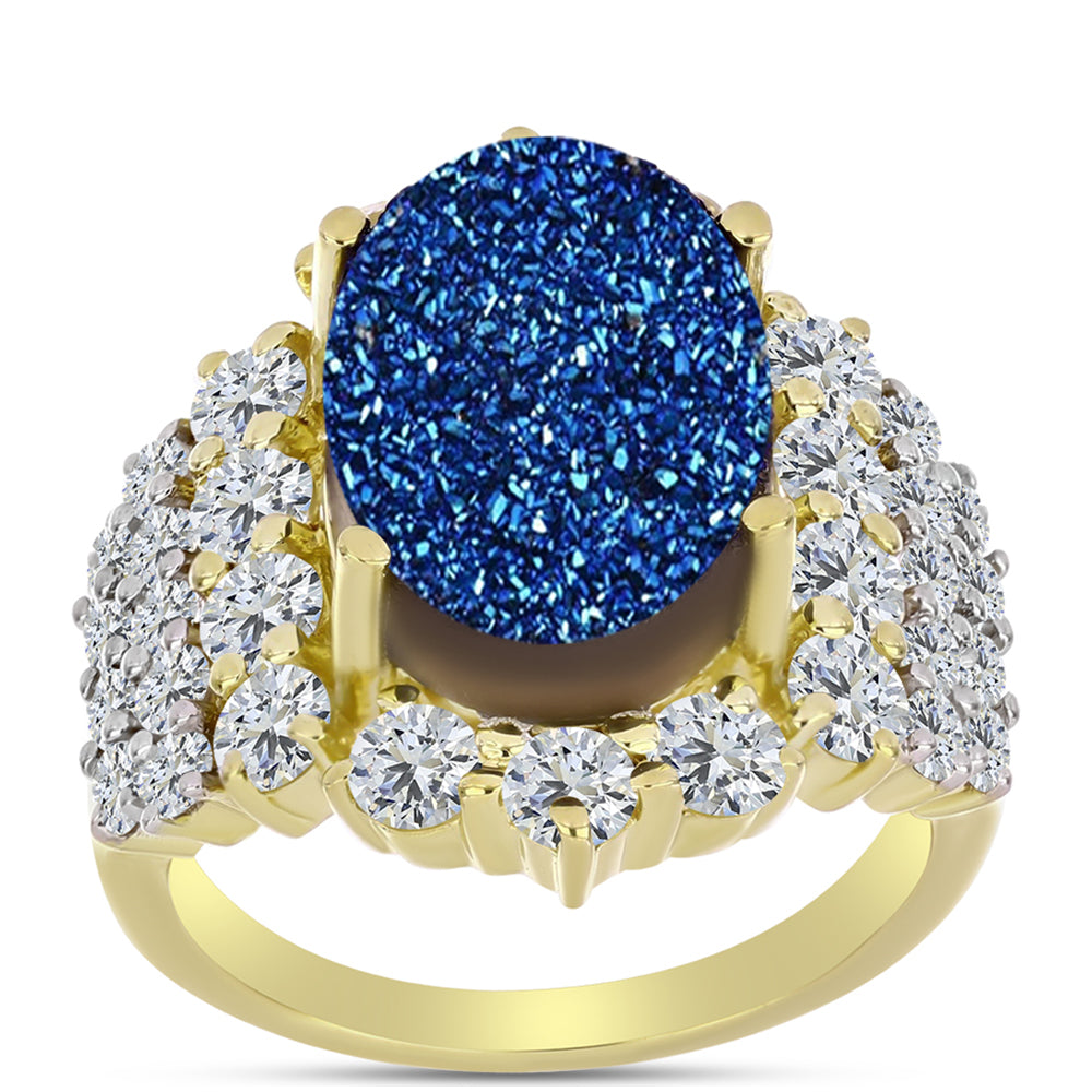 Goldplattierter Silberring mit blauer Druse und weißem Topas