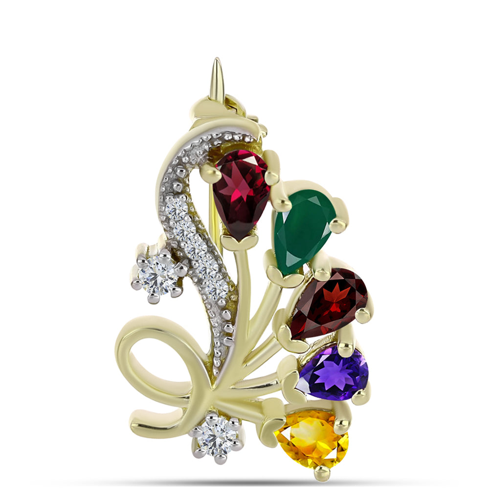 Goldplattierte Silberbrosche mit marokkanischem Amethyst und grünem Achat