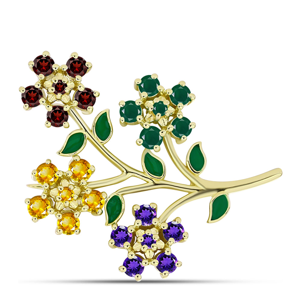 Goldplattierte Silberbrosche mit marokkanischem Amethyst und Zitrin aus dem Ural