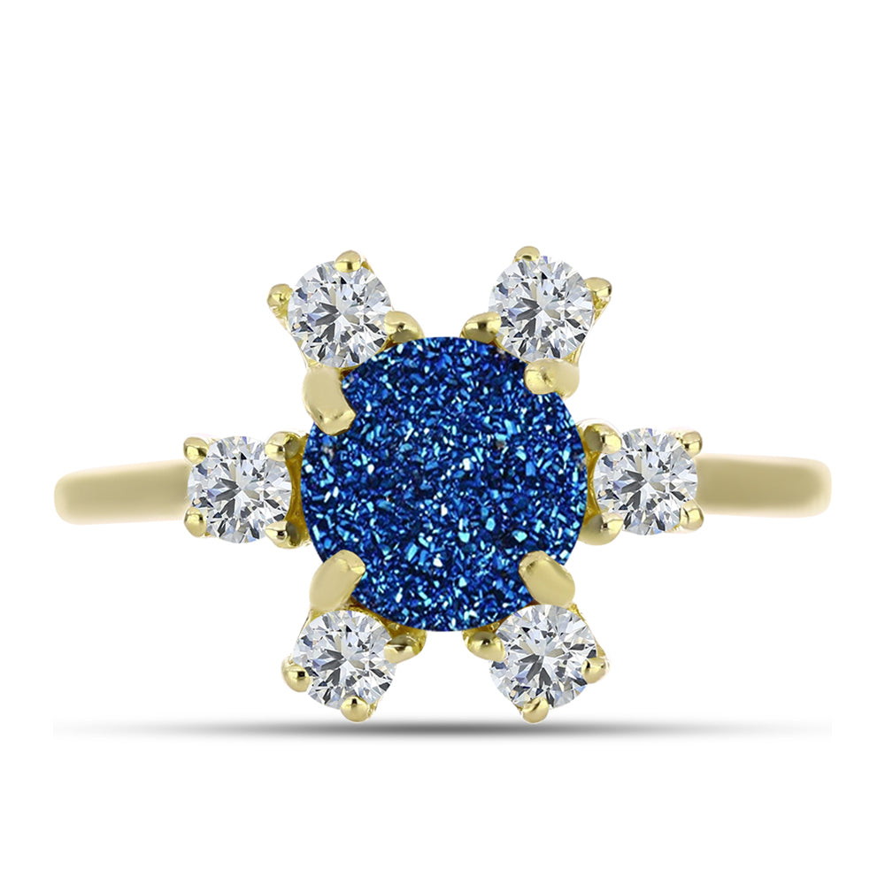 Goldplattierter Silberring mit blauer Druse und weißem Topas