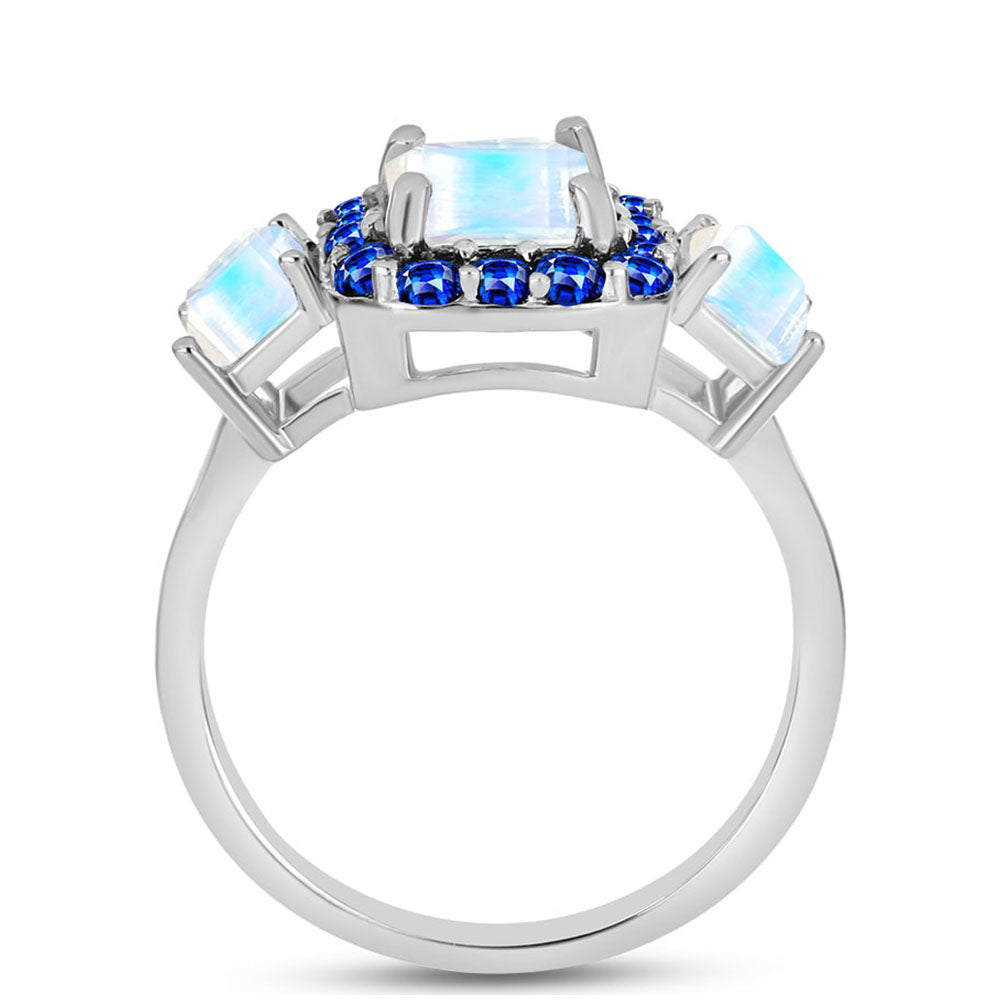Silberring mit australischem blauem Saphir und Regenbogenmondstein