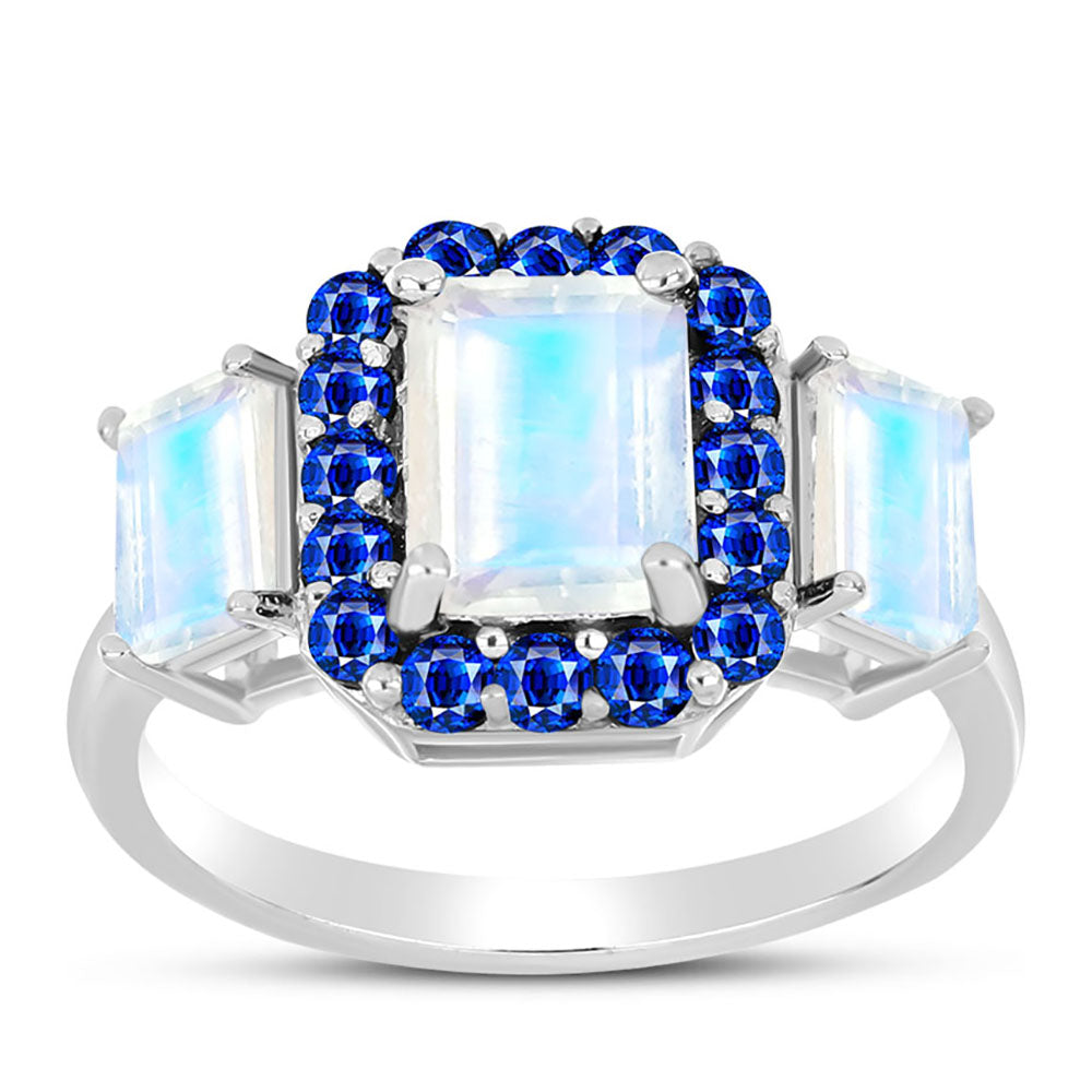 Silberring mit australischem blauem Saphir und Regenbogenmondstein 3 