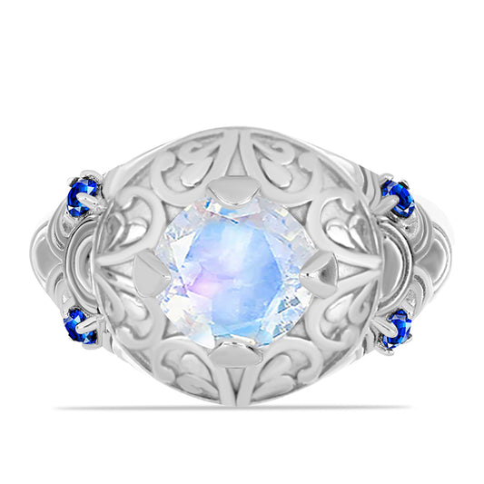 Silberring mit australischem blauem Saphir und Regenbogenmondstein