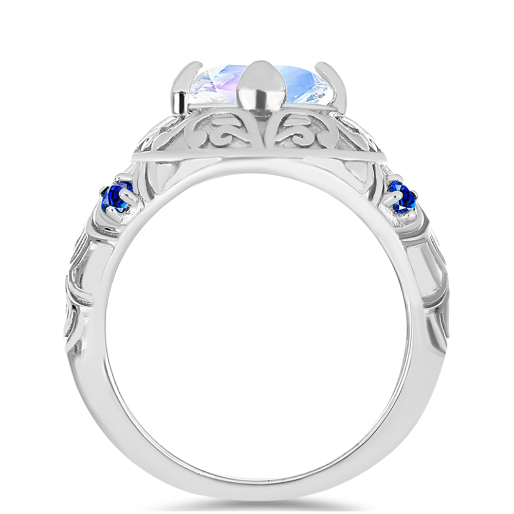 Silberring mit australischem blauem Saphir und Regenbogenmondstein