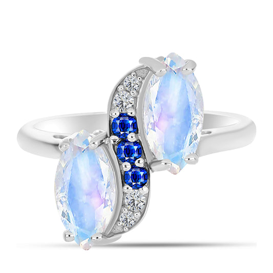 Silberring mit australischem blauem Saphir und Regenbogenmondstein