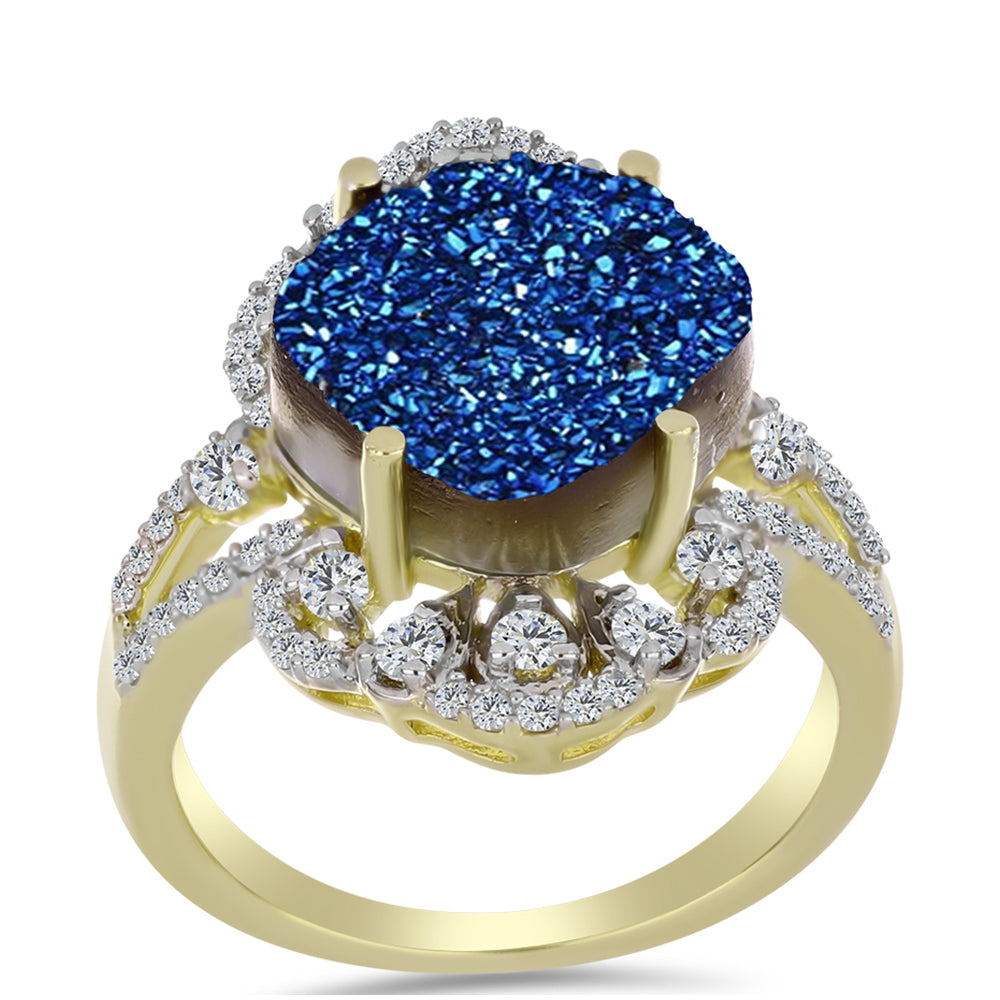 Goldplattierter Silberring mit blauer Druse und weißem Topas