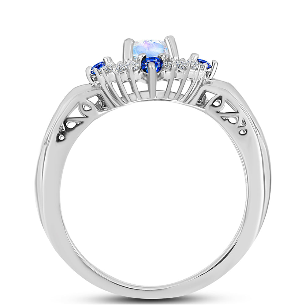Silberring mit australischem blauem Saphir und Regenbogenmondstein