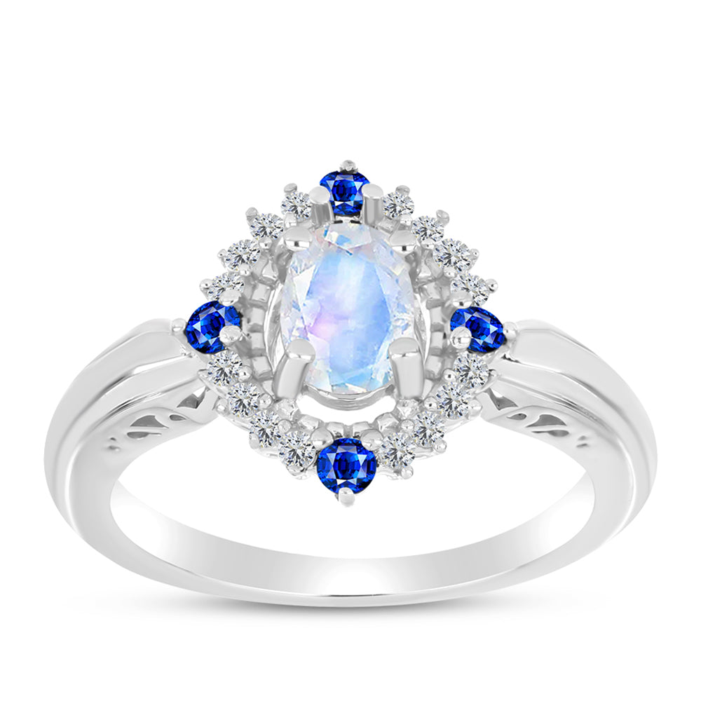 Silberring mit australischem blauem Saphir und Regenbogenmondstein