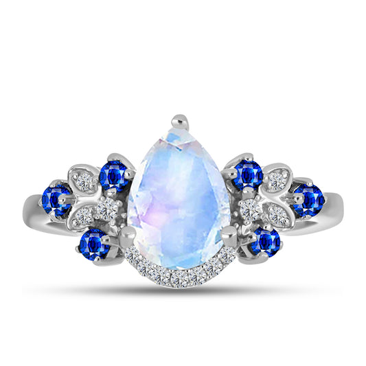 Silberring mit australischem blauem Saphir und Regenbogenmondstein