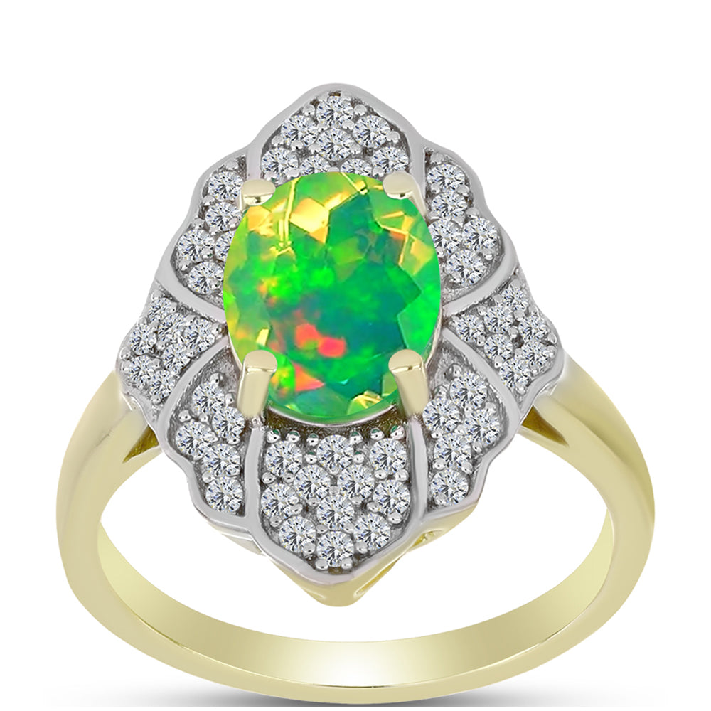 Goldplattierter Silberring mit grünem äthiopischem Opal aus Lega Dembi und weißem Topas