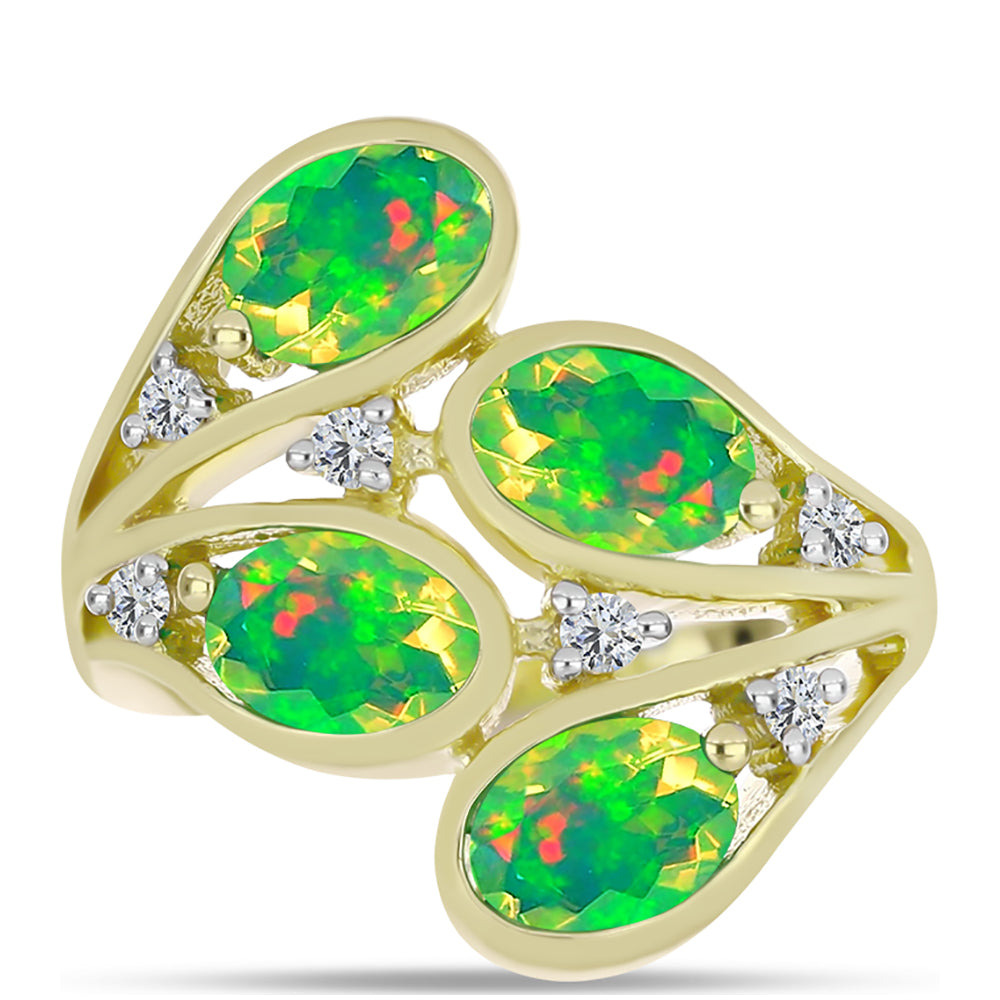 Goldplattierter Silberring mit grünem äthiopischem Opal aus Lega Dembi und weißem Topas