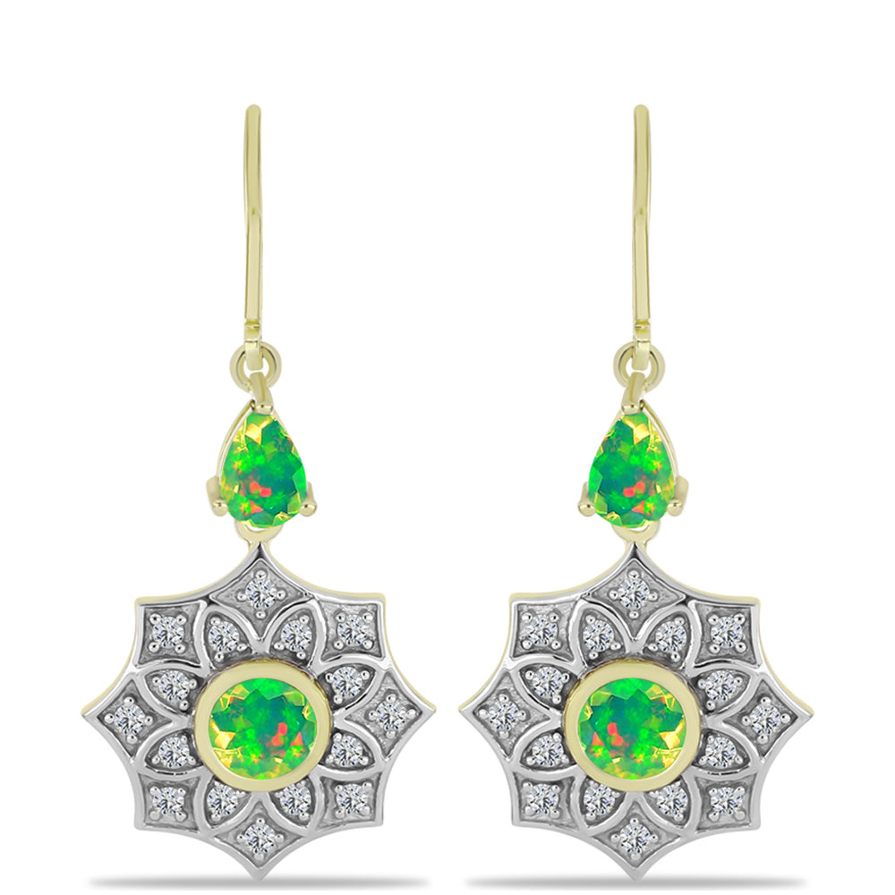 Goldplattierte Silberohrringe mit grünem äthiopischem Opal aus Lega Dembi und weißem Topas 1 