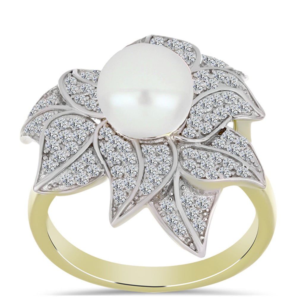 Goldplattierter Silberring mit weißer Süßwasserperle und weißem Topas
