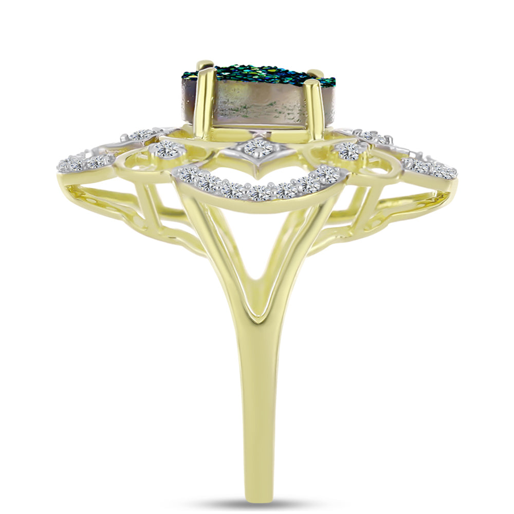 Goldplattierter Silberring mit grüner Druse und weißem Topas