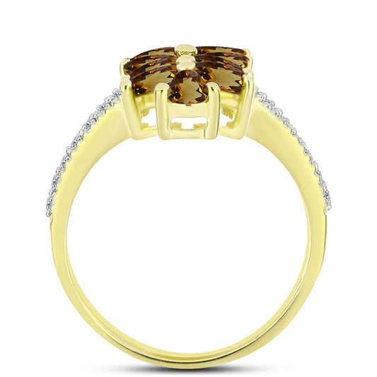 Goldplattierter Silberring mit Cognac-Quarz und weißem Topas