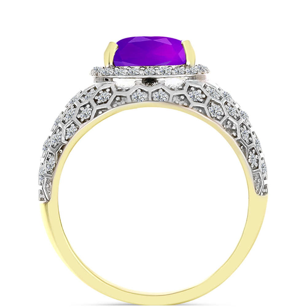 Goldplattierter Silberring mit lila Achat und weißem Topas