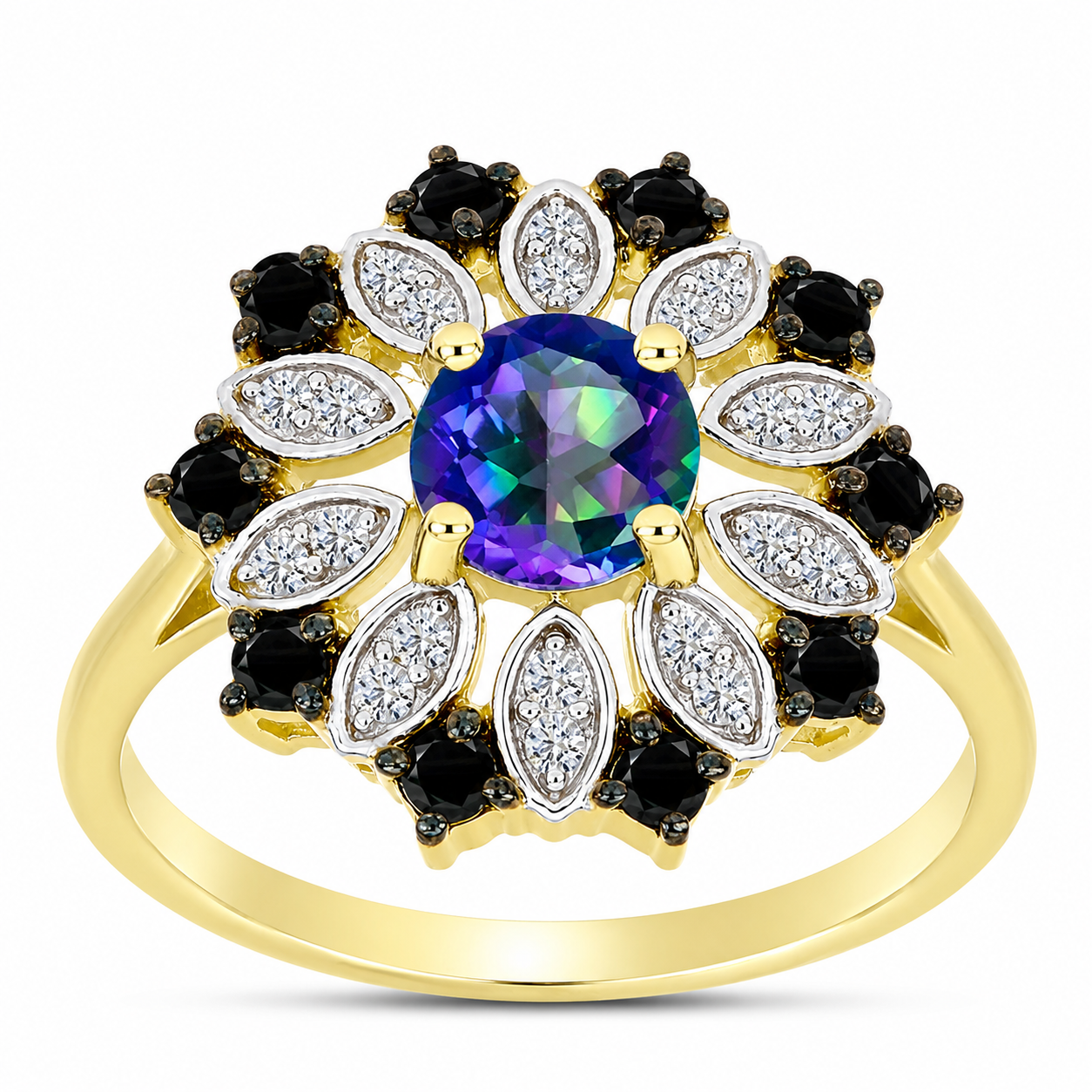 Goldplattierter Silberring mit mystischem Topas und schwarzem Spinell