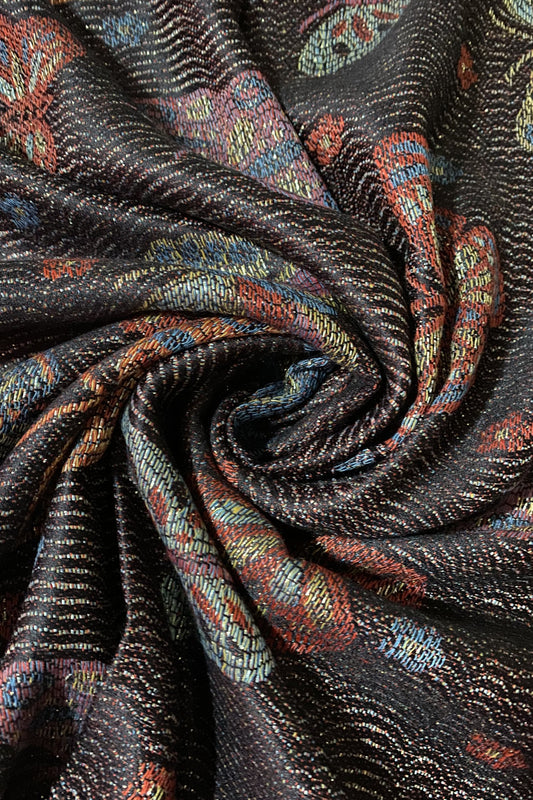 100% Pashmina Cashmere Scarf, 70 cm x 170 cm, Butterfly Patterned Shiny Black, 100% Pashmina