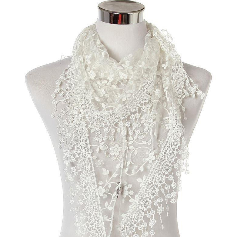 Glitter Flower Patterned Triangle Scarf-Shawl, 45 cm x 45 cm x 170 cm, White 1 