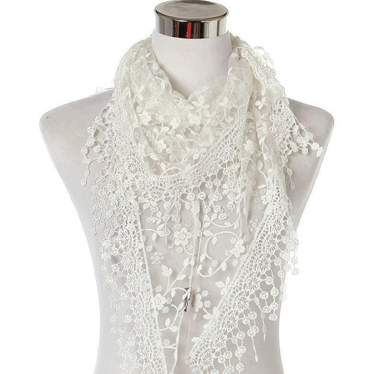 Glitter Flower Patterned Triangle Scarf-Shawl, 45 cm x 45 cm x 170 cm, White