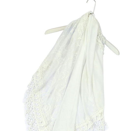 Cotton Trapezoid Scarf-Shawl, 80 cm x 198 cm x 70 cm, Butterfly Lace Patterned, White