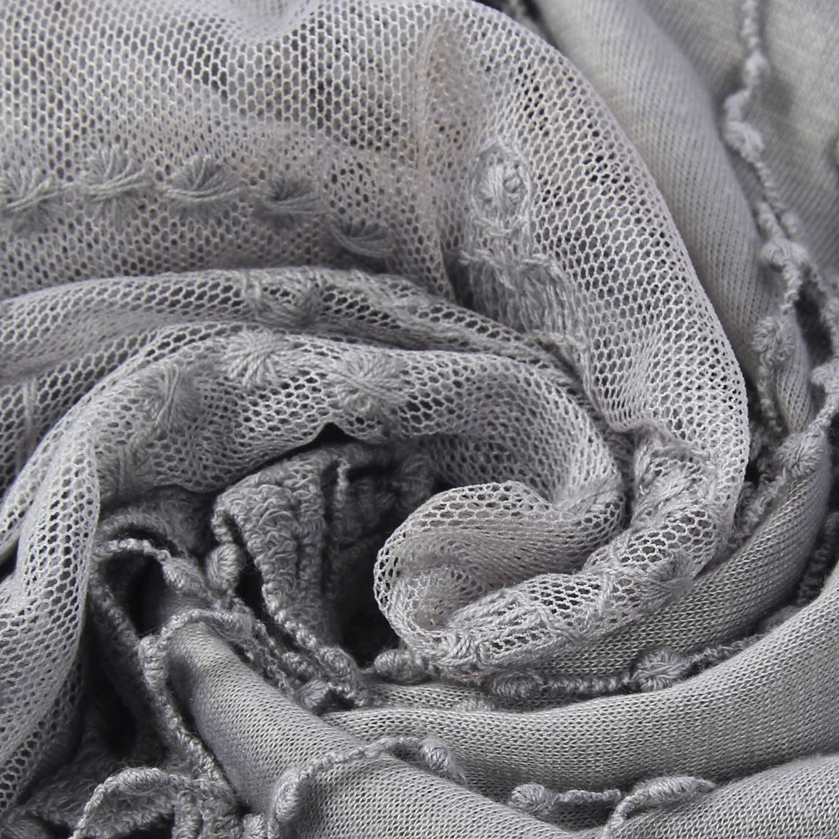 Cotton Trapezoid Scarf-Shawl, 80 cm x 198 cm x 70 cm, Butterfly Lace Patterned, Grey 1 