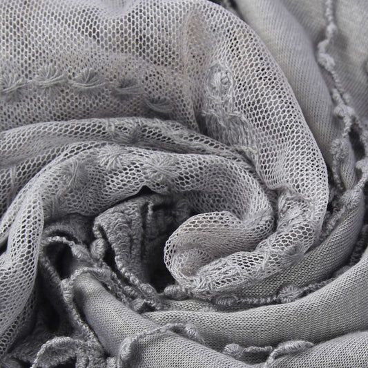 Cotton Trapezoid Scarf-Shawl, 80 cm x 198 cm x 70 cm, Butterfly Lace Patterned, Grey