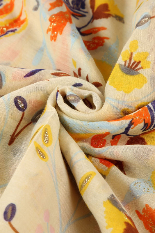 Bright Folk Style Floral Frayed Patterned Yellow Scarf-Shawl, 90 cm x 180 cm