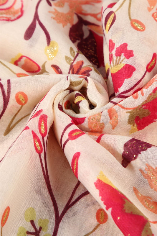 Bright Folk Style Floral Frayed Patterned Purple Scarf-Shawl, 90 cm x 180 cm